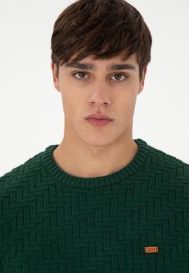 Erkek Slim Fit Bisiklet Yaka Koyu Yeşil Kazak - 50297050008