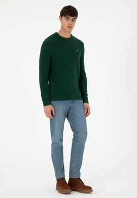 Erkek Slim Fit Bisiklet Yaka Koyu Yeşil Kazak - 50297050008