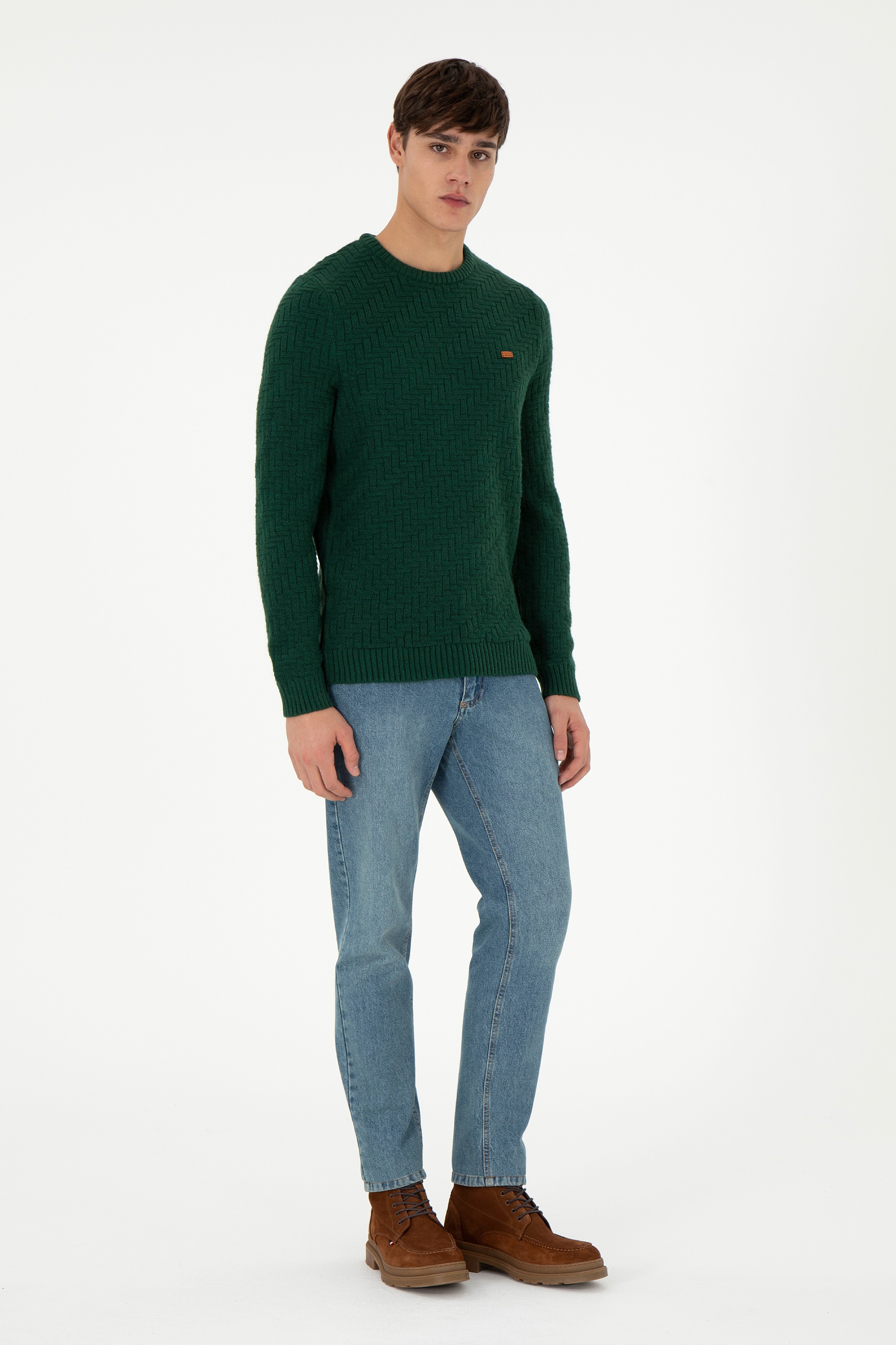 Erkek Slim Fit Bisiklet Yaka Koyu Yeşil Kazak - Image 4