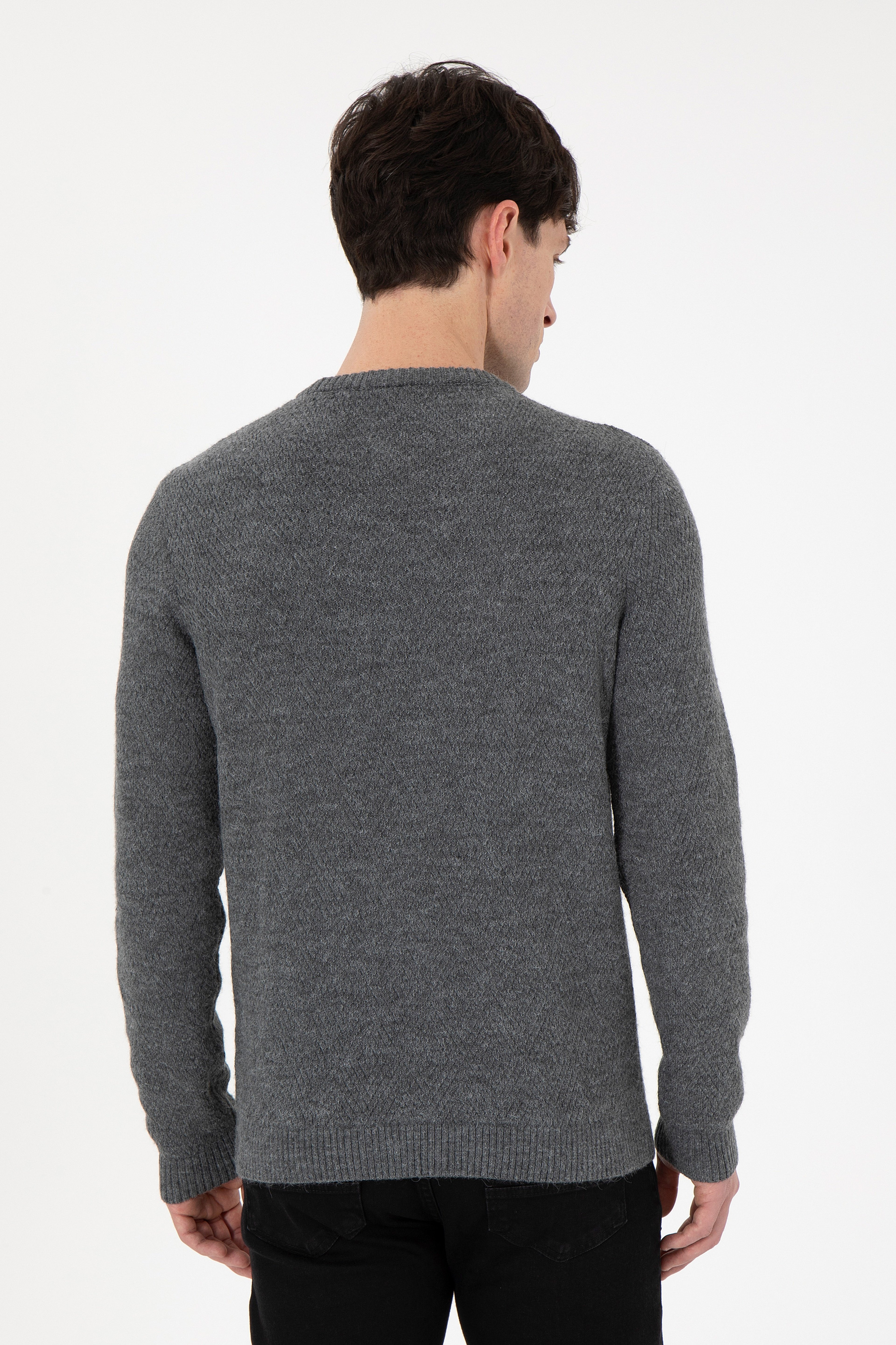 Erkek Regular Fit Bisiklet Yaka Gri Melanj Kazak - Image 5