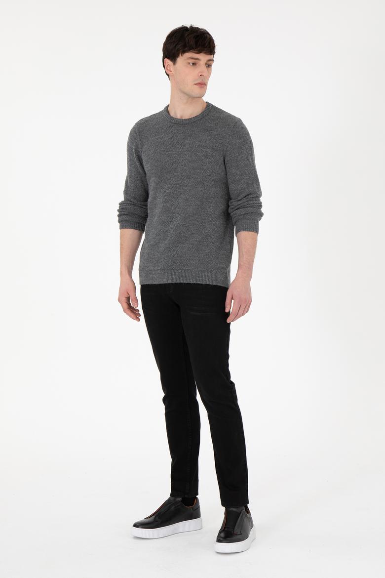 Erkek Regular Fit Bisiklet Yaka Gri Melanj Kazak - 50297049028