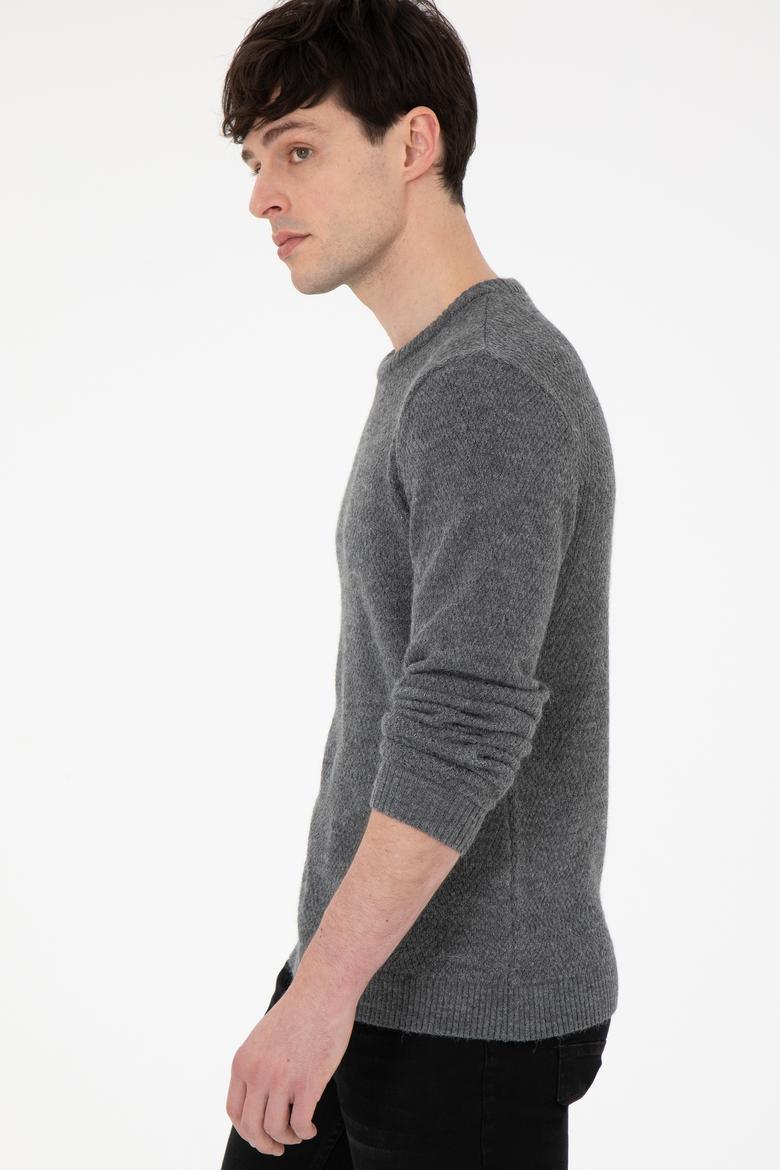 Erkek Regular Fit Bisiklet Yaka Gri Melanj Kazak - 50297049028