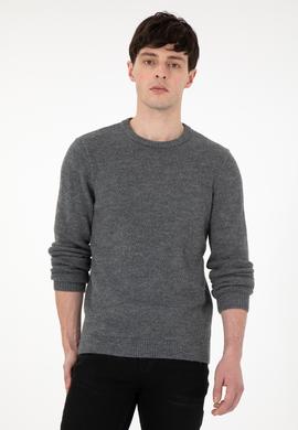 Erkek Regular Fit Bisiklet Yaka Gri Melanj Kazak - 50297049028