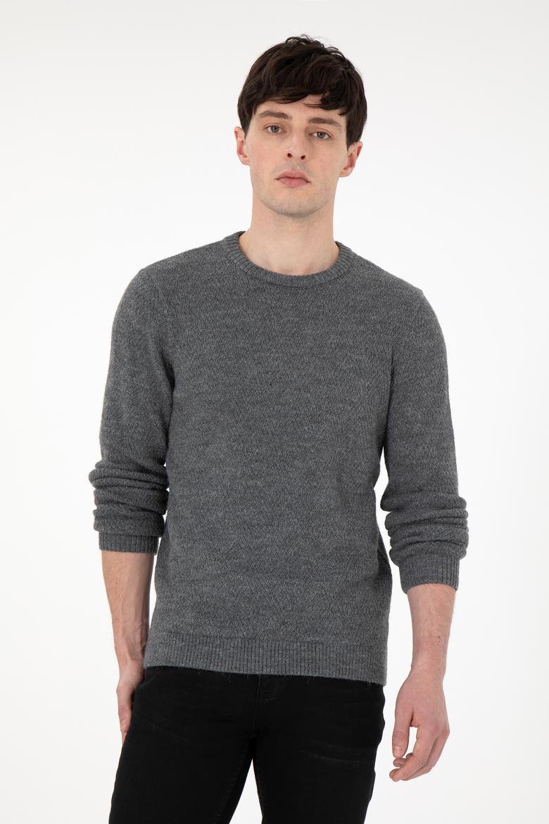 Erkek Regular Fit Bisiklet Yaka Gri Melanj Kazak