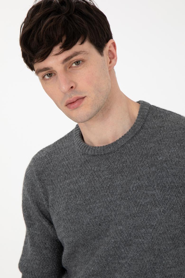 Erkek Regular Fit Bisiklet Yaka Gri Melanj Kazak - 50297049028