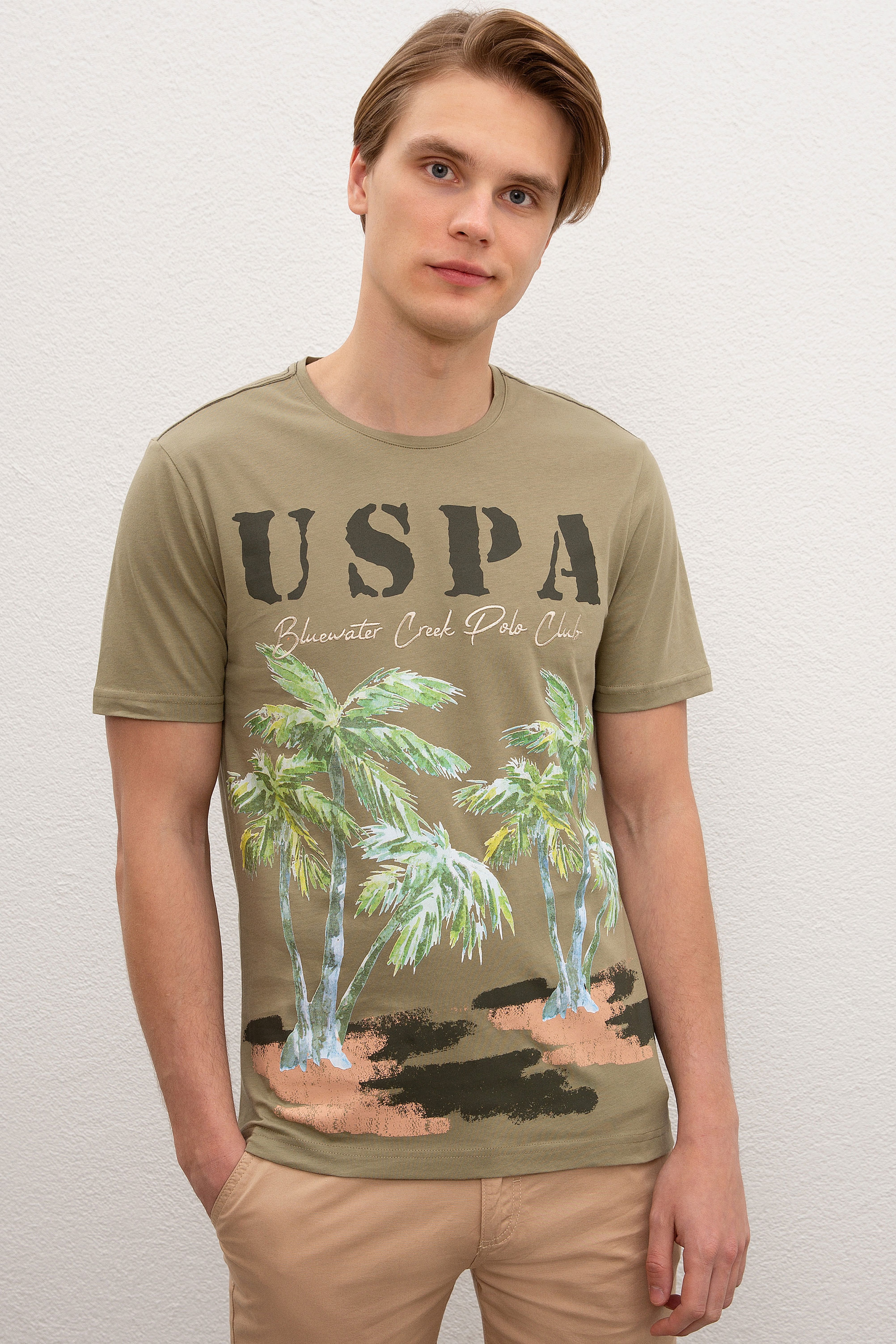Erkek Haki Bisiklet Yaka T-Shirt - Image 1