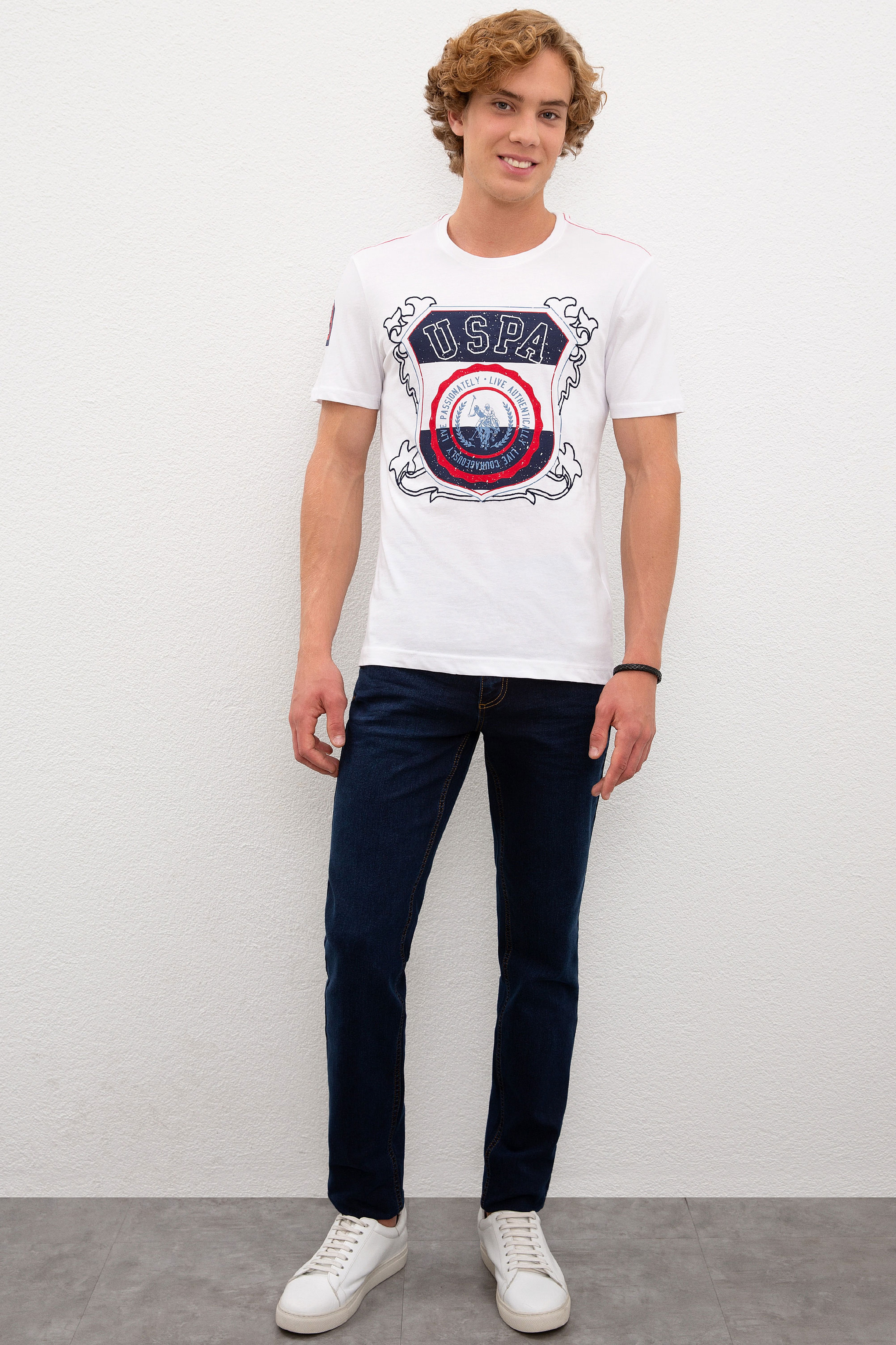 Erkek Beyaz Bisiklet Yaka T-Shirt