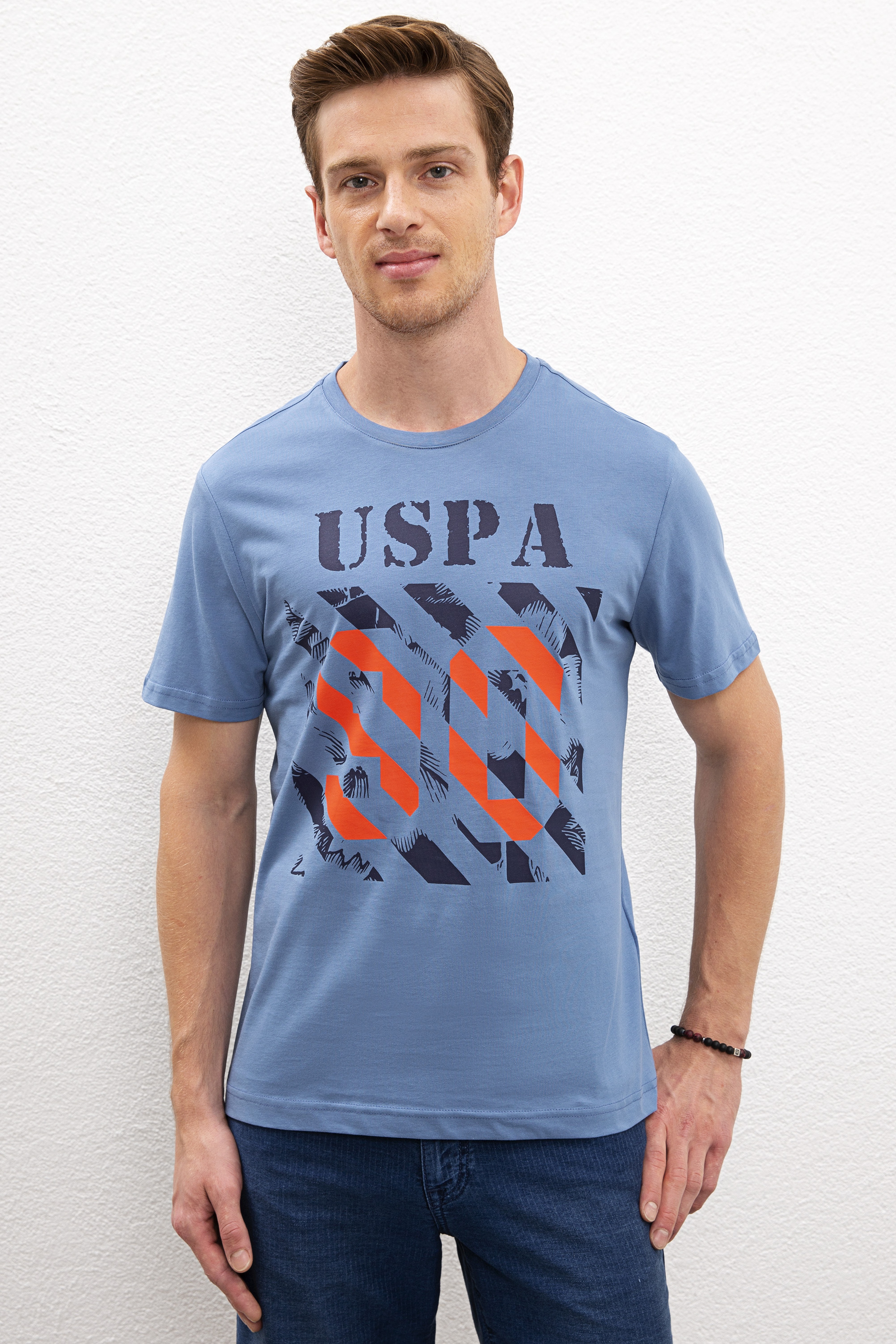Erkek İndigo Bisiklet Yaka T-Shirt - Image 1