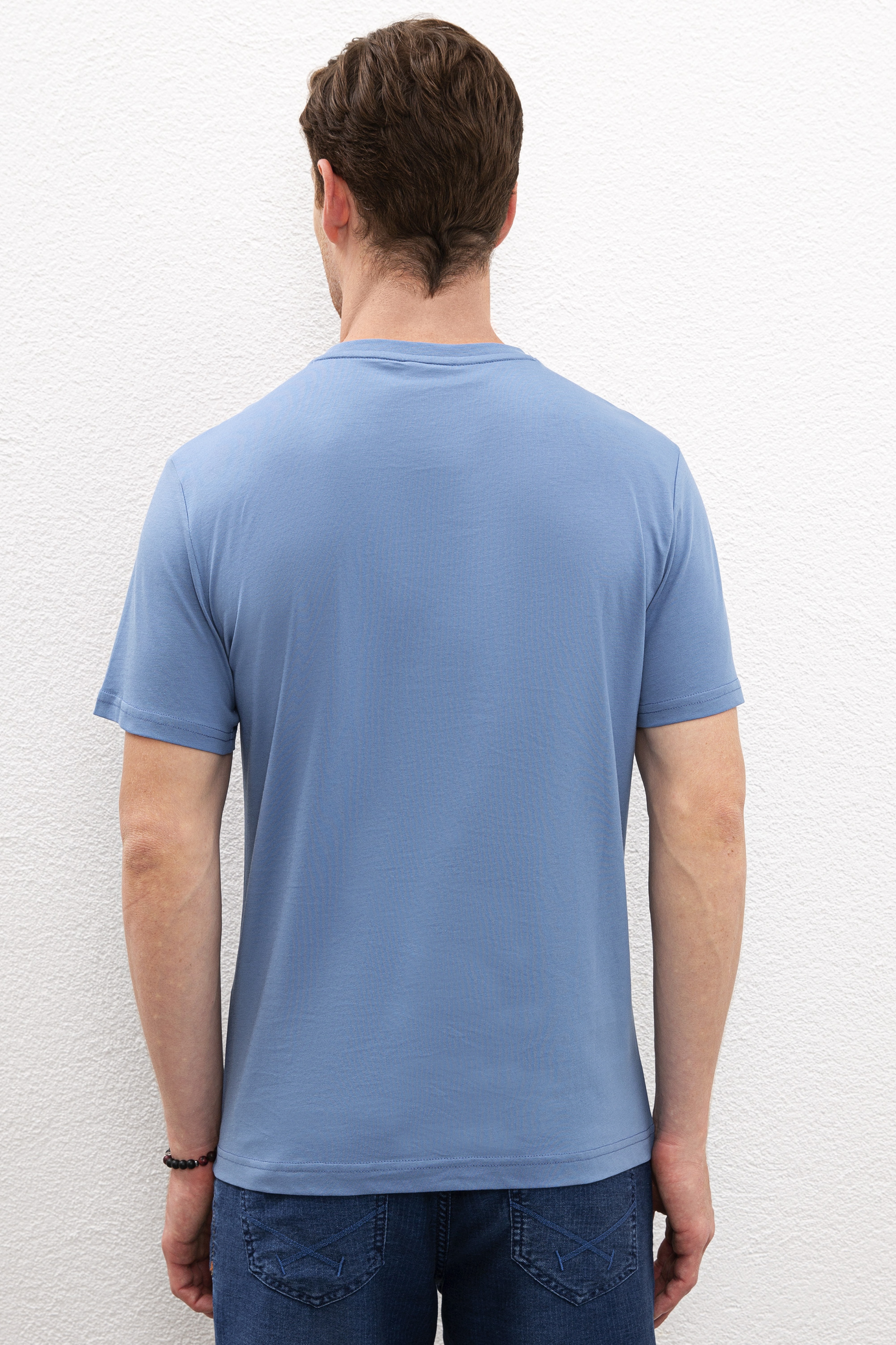 Erkek İndigo Bisiklet Yaka T-Shirt - Image 3