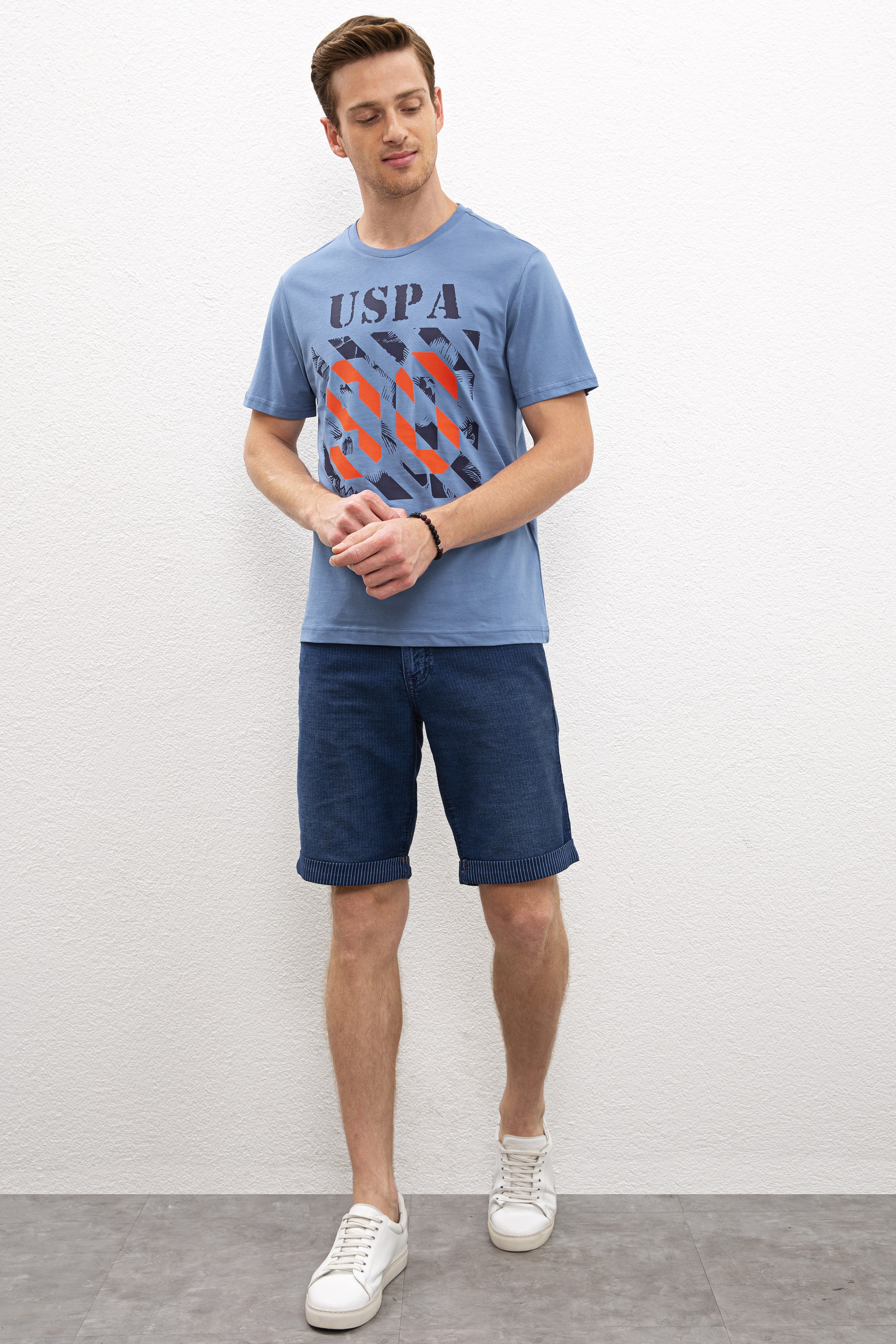 Erkek İndigo Bisiklet Yaka T-Shirt - Image 4