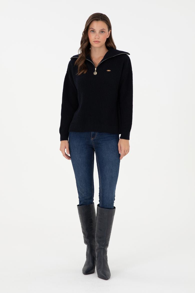 Kadın Lacivert V Yaka Fermuarlı Kazak - 50297086001