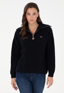 Kadın Lacivert V Yaka Fermuarlı Kazak - 50297086001