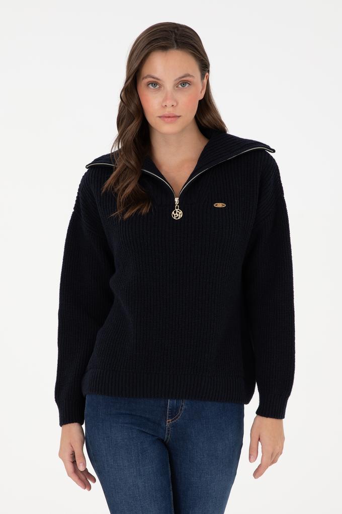 Kadın Lacivert V Yaka Fermuarlı Kazak