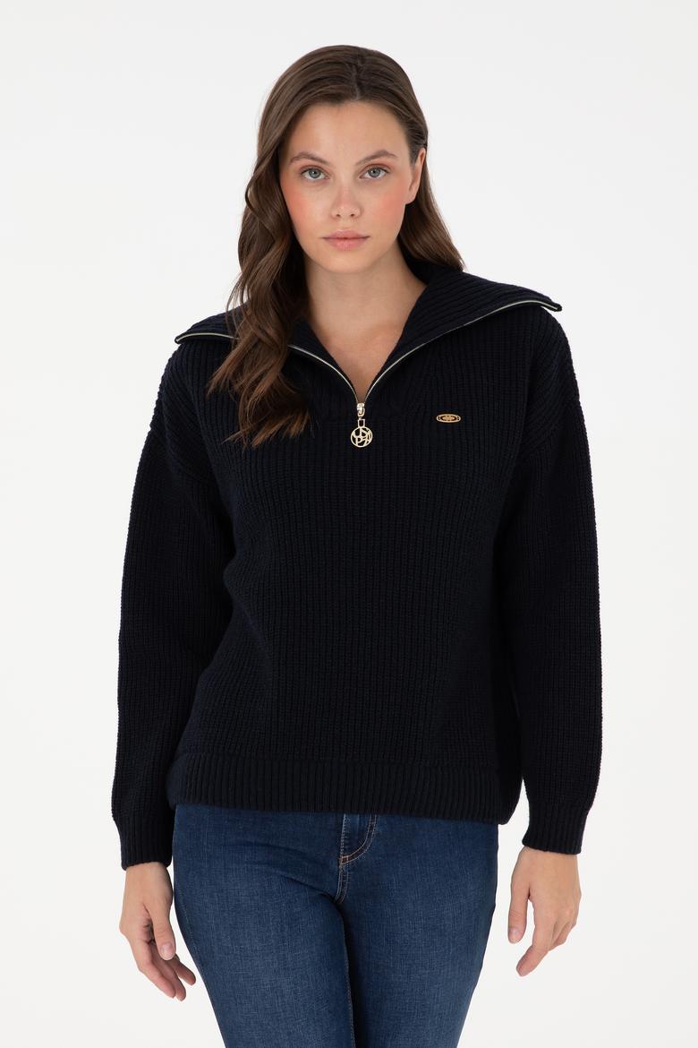 Kadın Lacivert V Yaka Fermuarlı Kazak