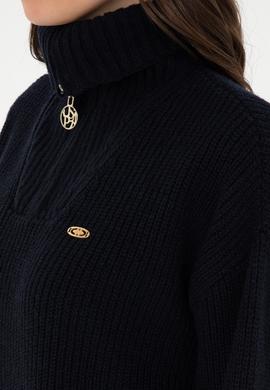 Kadın Lacivert V Yaka Fermuarlı Kazak - 50297086001