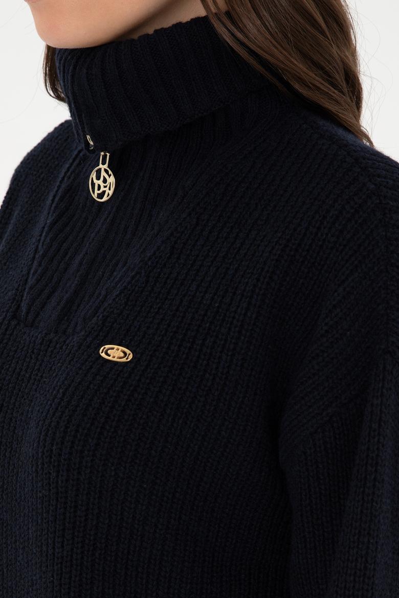 Kadın Lacivert V Yaka Fermuarlı Kazak - 50297086001