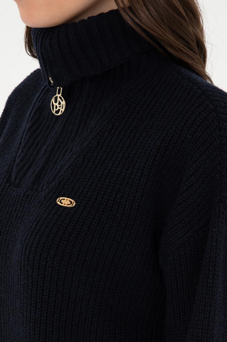 Kadın Lacivert V Yaka Fermuarlı Kazak