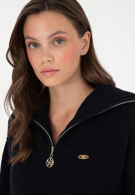 Kadın Lacivert V Yaka Fermuarlı Kazak - 50297086001