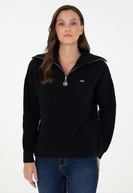 Kadın Lacivert V Yaka Fermuarlı Kazak - 50297086001