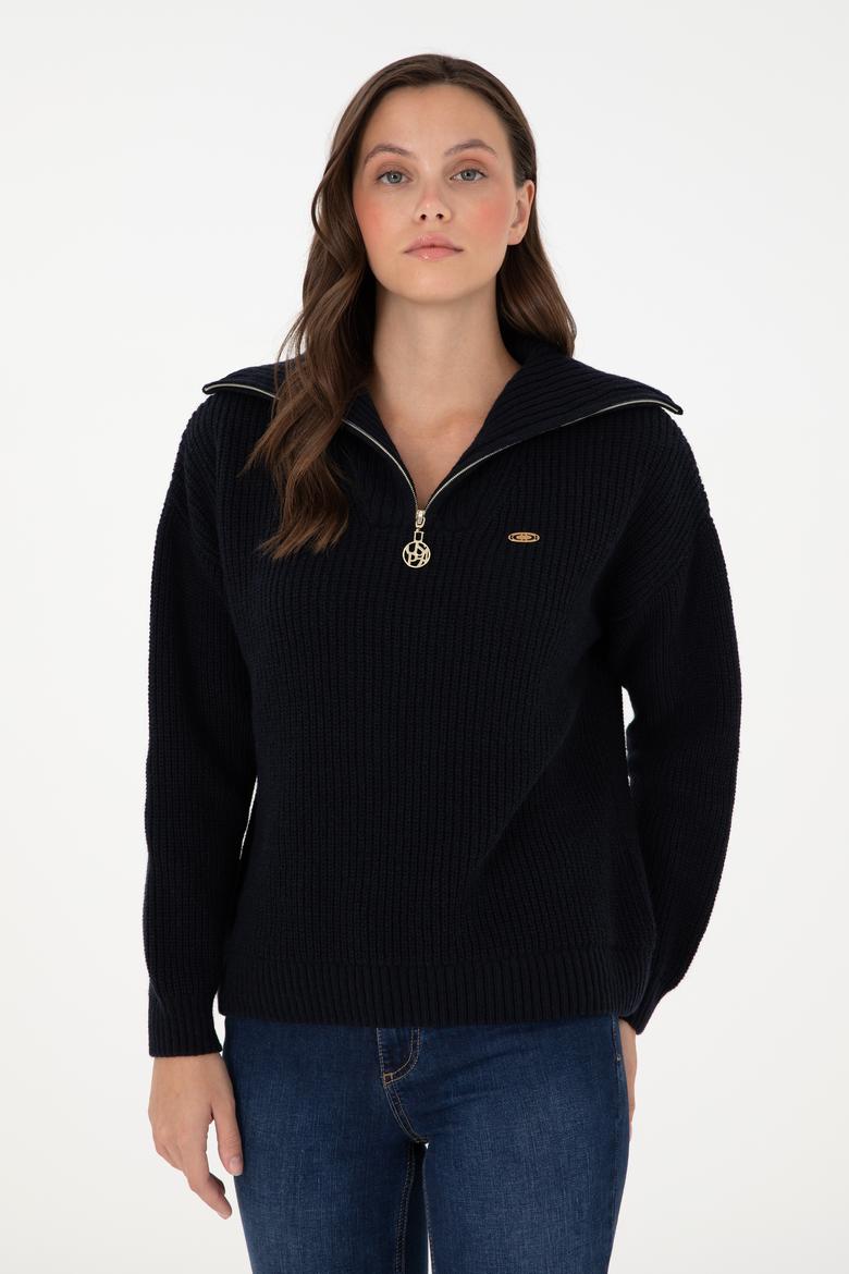 Kadın Lacivert V Yaka Fermuarlı Kazak - 50297086001