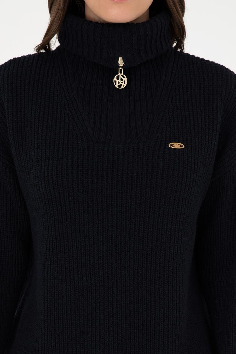 Kadın Lacivert V Yaka Fermuarlı Kazak - 50297086001