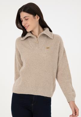 Kadın Krem Melanj V Yaka Kazak - 50297086027