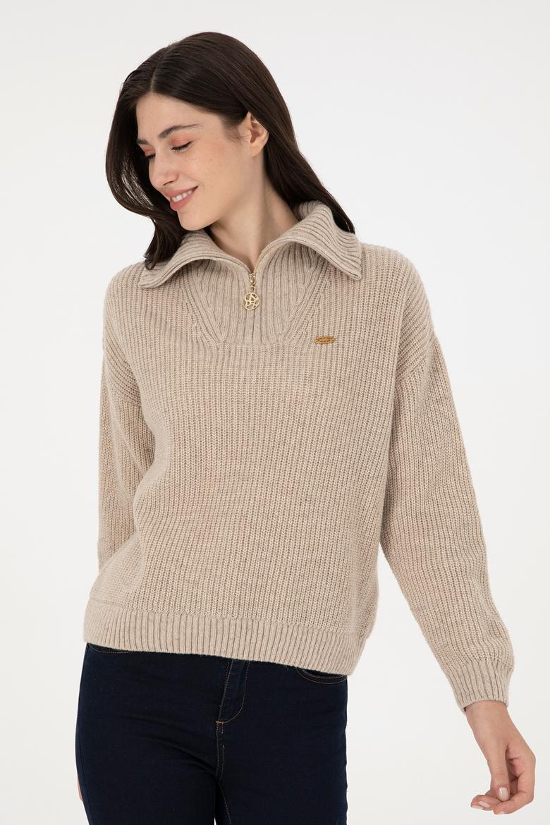 Kadın Krem Melanj V Yaka Kazak - 50297086027