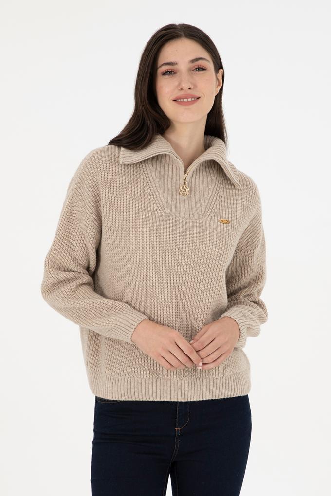 Kadın Krem Melanj V Yaka Kazak