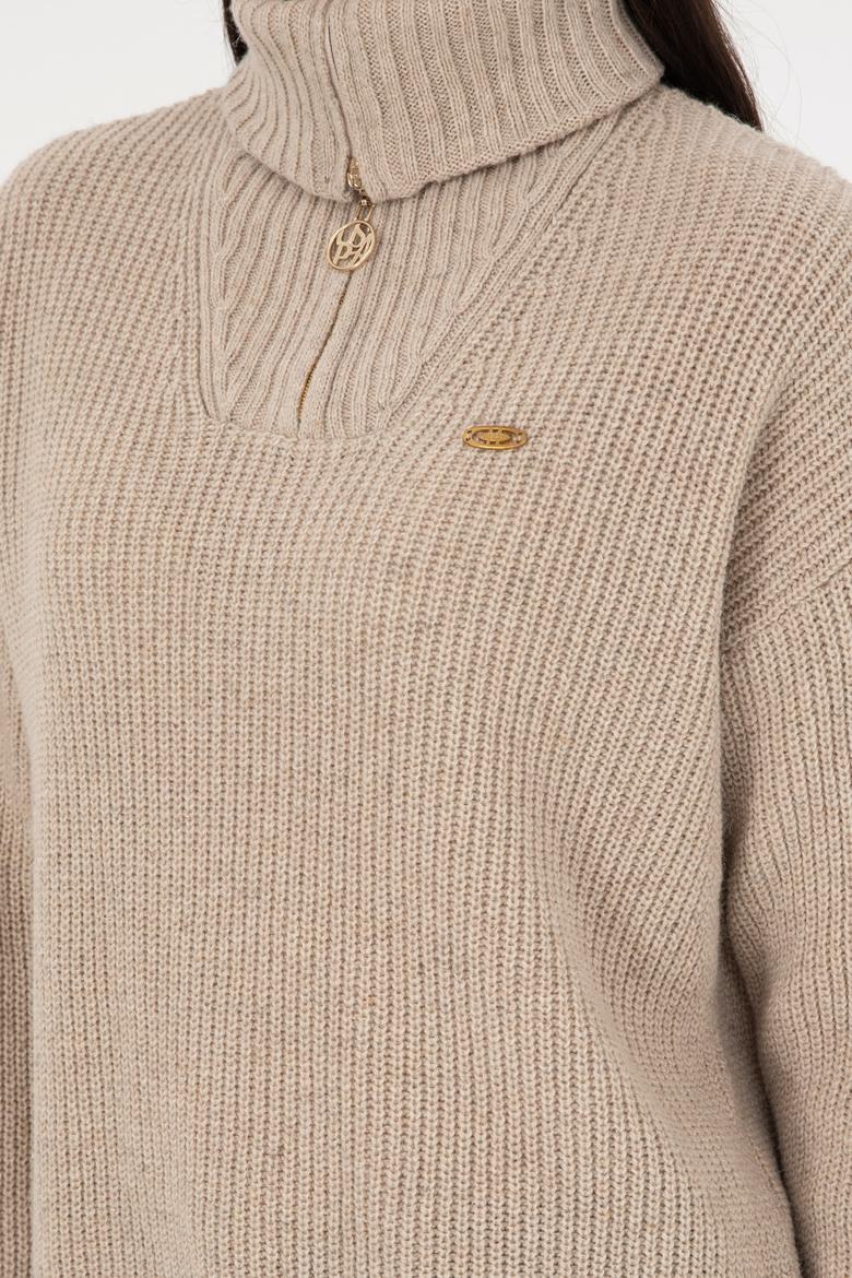 Kadın Krem Melanj V Yaka Kazak - 50297086027