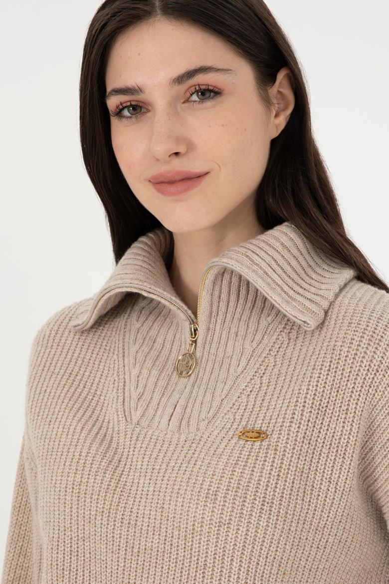 Kadın Krem Melanj V Yaka Kazak - 50297086027