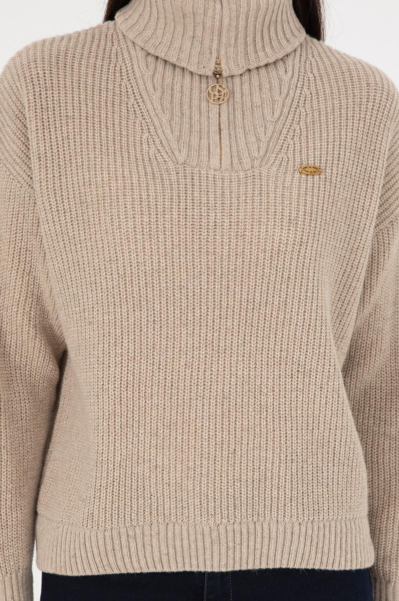 Kadın Krem Melanj V Yaka Kazak