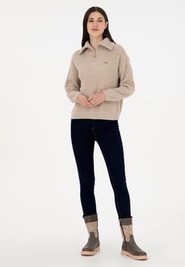 Kadın Krem Melanj V Yaka Kazak - 50297086027