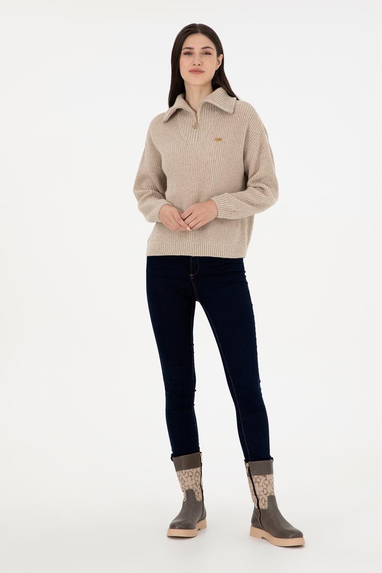 Kadın Krem Melanj V Yaka Kazak - 50297086027