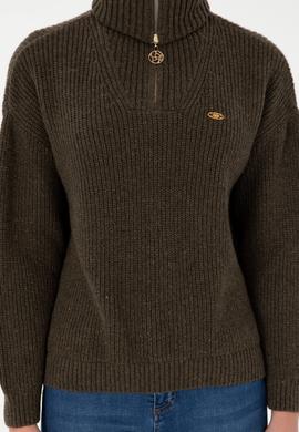 Kadın Haki V Yaka Fermuarlı Kazak - 50297086010