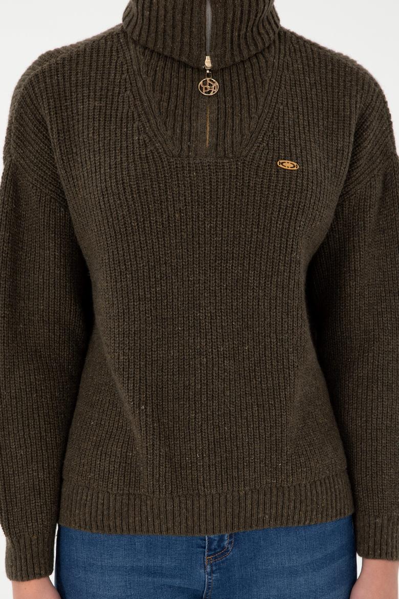 Kadın Haki V Yaka Fermuarlı Kazak - 50297086010