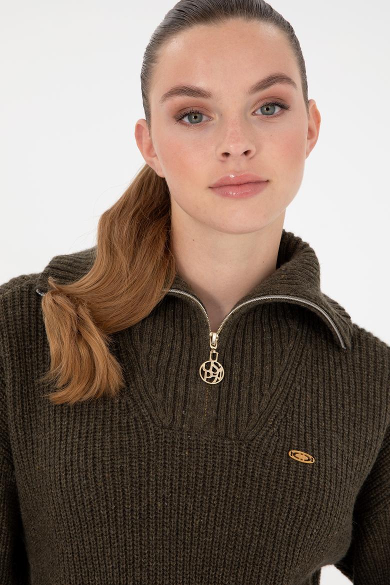 Kadın Haki V Yaka Fermuarlı Kazak - 50297086010