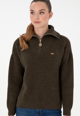 Kadın Haki V Yaka Fermuarlı Kazak - 50297086010