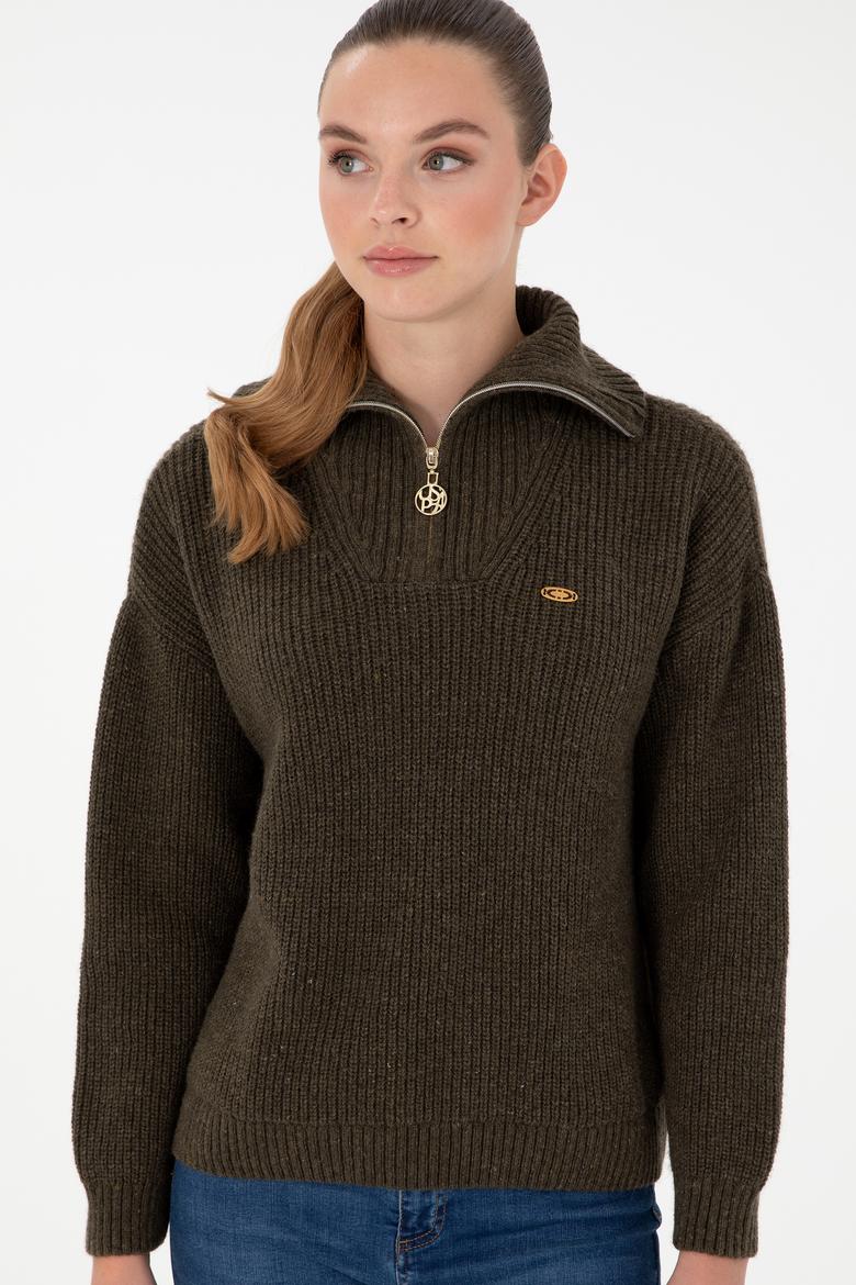 Kadın Haki V Yaka Fermuarlı Kazak - 50297086010