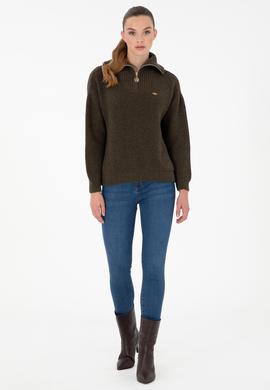 Kadın Haki V Yaka Fermuarlı Kazak - 50297086010