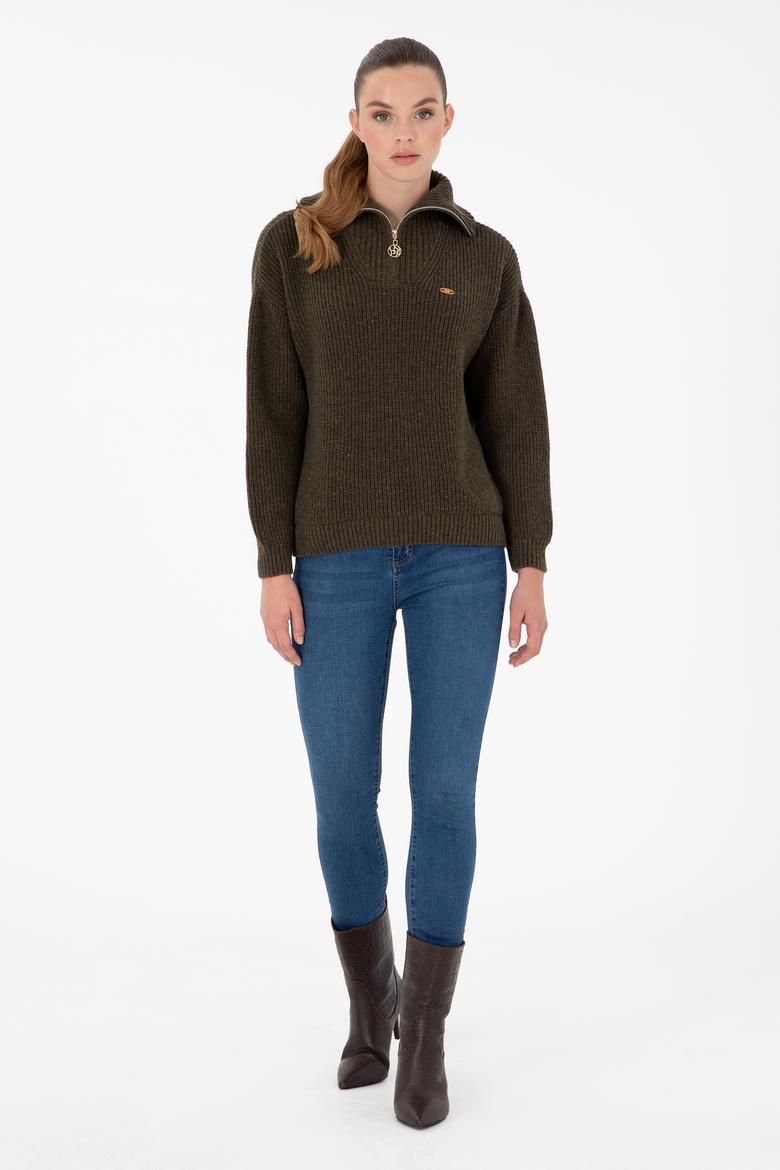 Kadın Haki V Yaka Fermuarlı Kazak - 50297086010