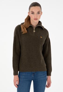 Kadın Haki V Yaka Fermuarlı Kazak - 50297086010