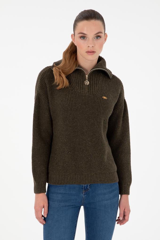 Kadın Haki V Yaka Fermuarlı Kazak