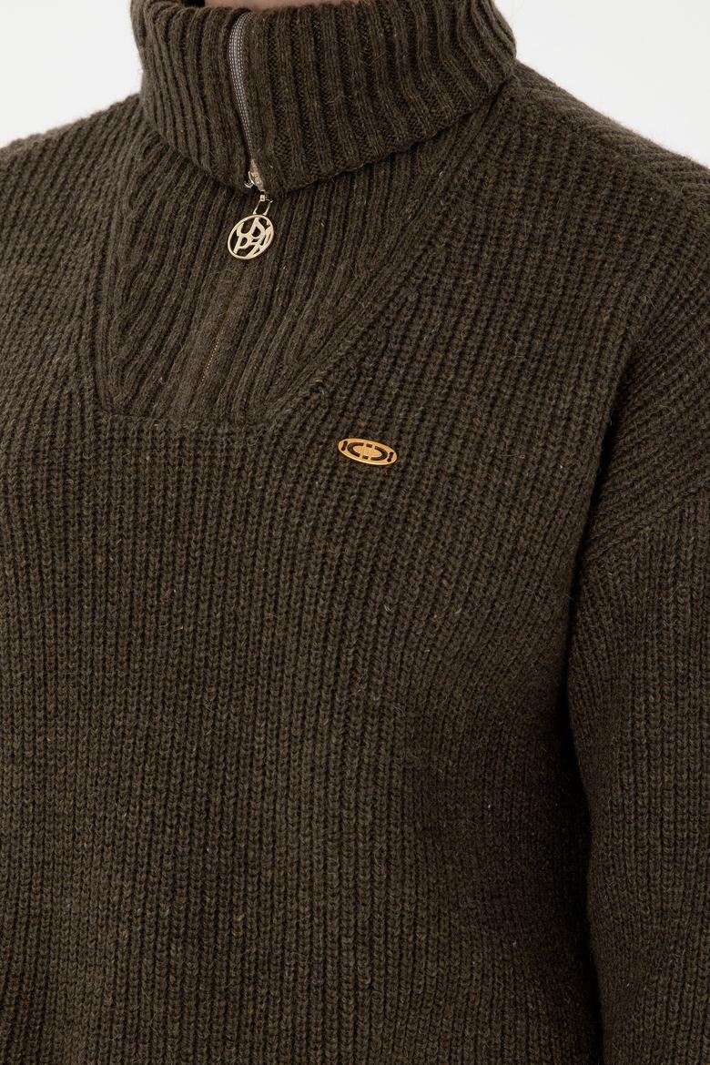 Kadın Haki V Yaka Fermuarlı Kazak - 50297086010