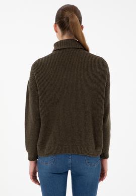 Kadın Haki V Yaka Fermuarlı Kazak - 50297086010