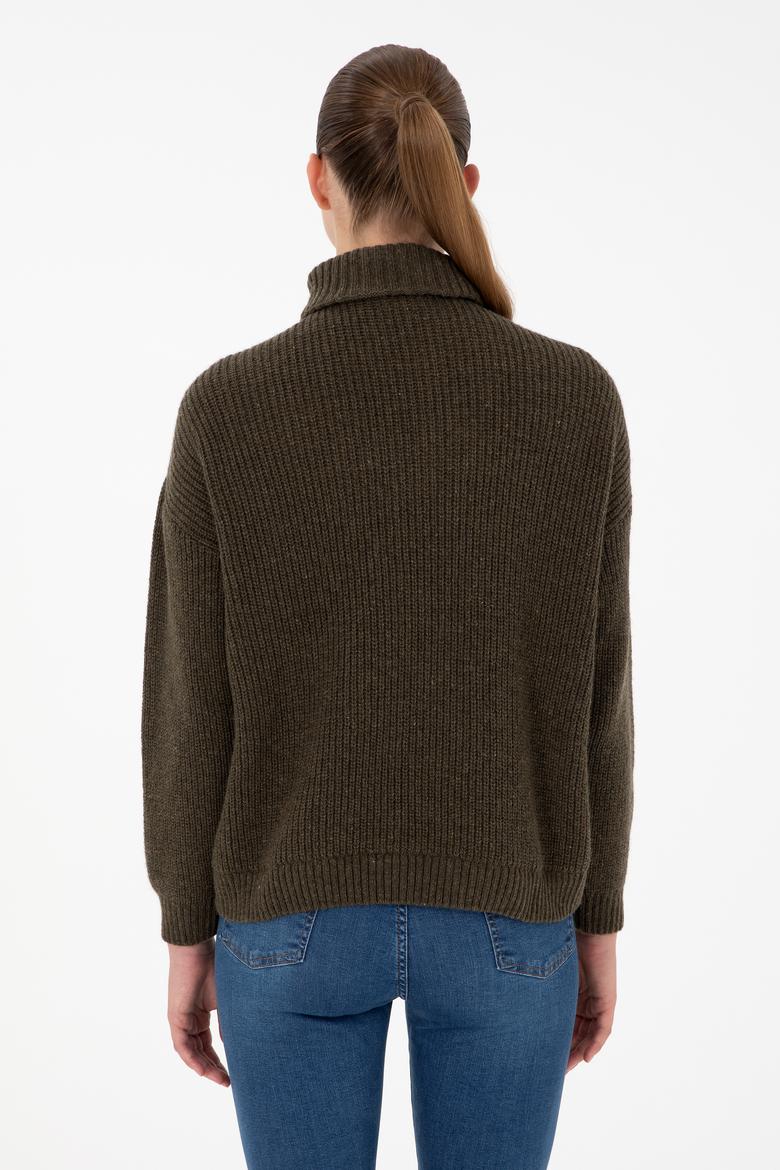 Kadın Haki V Yaka Fermuarlı Kazak - 50297086010