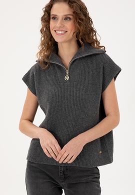 Kadın Antrasit Melanj V Yaka Fermuarlı Kazak - 50297101013