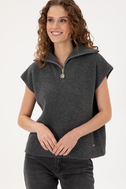 Kadın Antrasit Melanj V Yaka Fermuarlı Kazak