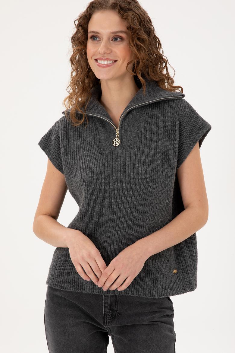 Kadın Antrasit Melanj V Yaka Fermuarlı Kazak - 50297101013