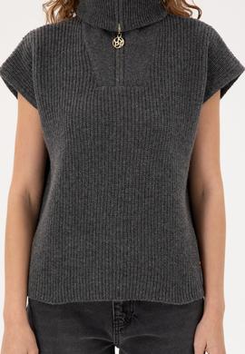 Kadın Antrasit Melanj V Yaka Fermuarlı Kazak - 50297101013