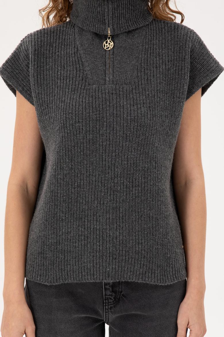 Kadın Antrasit Melanj V Yaka Fermuarlı Kazak - 50297101013